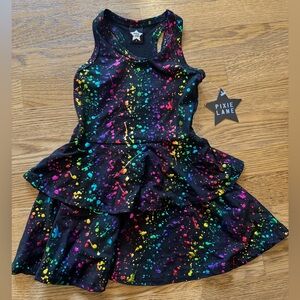 Pixie Lane Black Tiered Dress with Rainbow Iridescent Splatter Paint NWT 2T